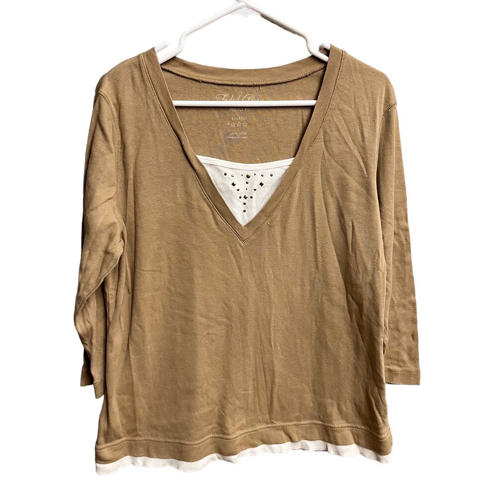 Faded Glory Perfect Fit Tan White Studded Long Sleeve Blouse Size XL